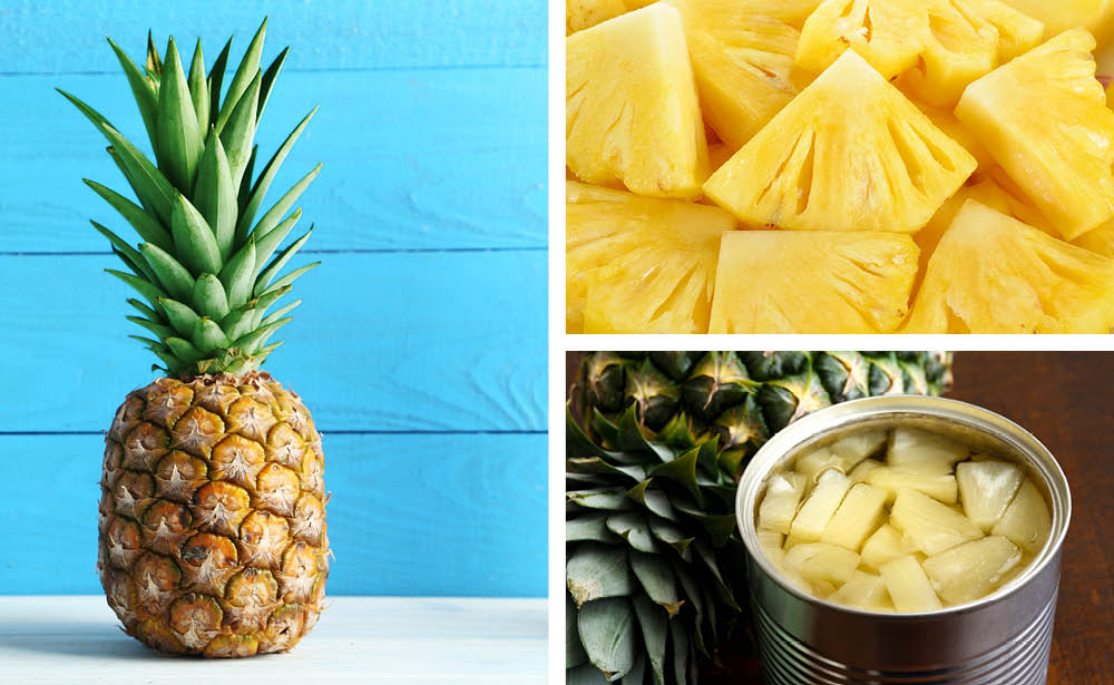 Un ananas entier. Un ananas coupé. Une boîte de conserve de morceaux d'ananas.