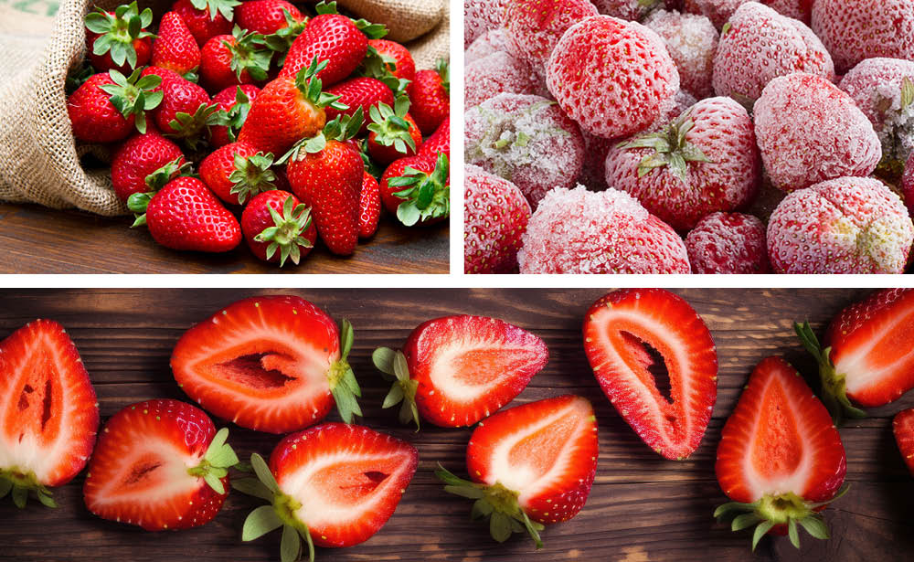 Un sac en toile de jute contenant des fraises fraîches. Des fraises surgelées. Des fraises coupées en deux.
